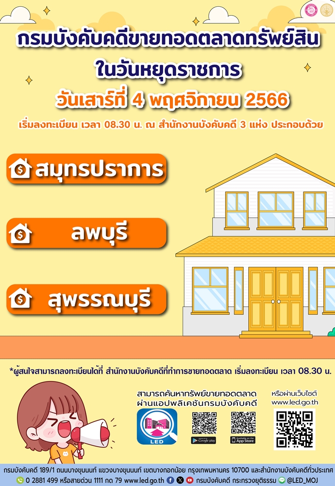 กรมบังคับคดีจัดการขายทอดตลาดในวันหยุดราชการ วันเสาร์ที่ 4 พฤศจิกายน 2566